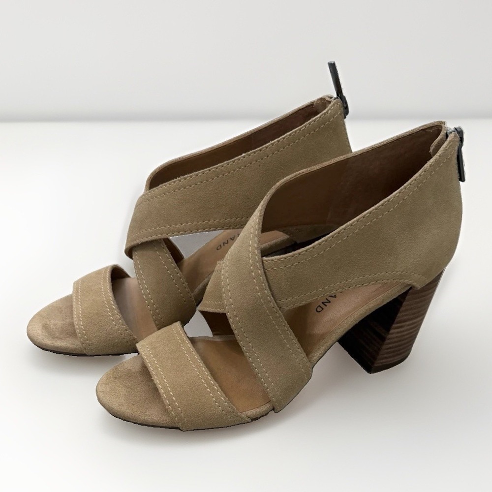 Lucky Brand Vidva Sandals Women's Tan Suede Strappy Open Toe Block Heel 7.5 Boho